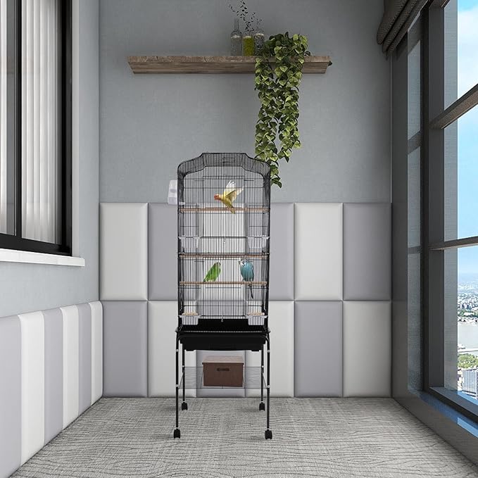 Large Bird Cage with Wheels, Budgie Cage with Bottom Storage Shelf, 54in Tall Bird Cages for Parakeets, Parrot, Cockatiel, Pull-Out Tray&Mesh Bottom (Black)