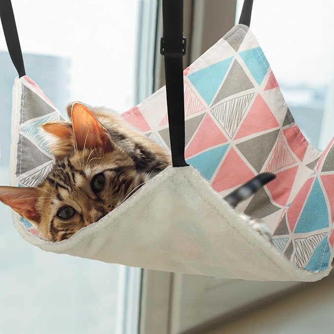 Jetec 2 Pack Cat Hammock for Cage, Catio Accessories Reversible Soft Cats Bed with Adjustable Straps and Hooks Double-Sided Linen and Fleece Hanging Hammock for Cats, Kitten(Geometry Pattern,L)