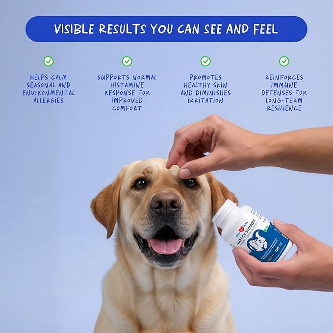 Allergy Support for Dogs - with Vitamin C, Omega 3 and Colostrum - Itch Relief, Allergy Relief for Dogs, Skin Soother - with Probiotics for Immune System Health (Chewable Tablets)