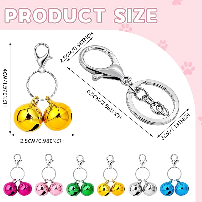 Pet Bells for Dog Cat Collar, 6 Pack Colorful Loud Double Pet Collar Bells with Metal Keychain Clip Dog Cat Pendant Accessories for Small Pets Outdoor Training Safety Tracking