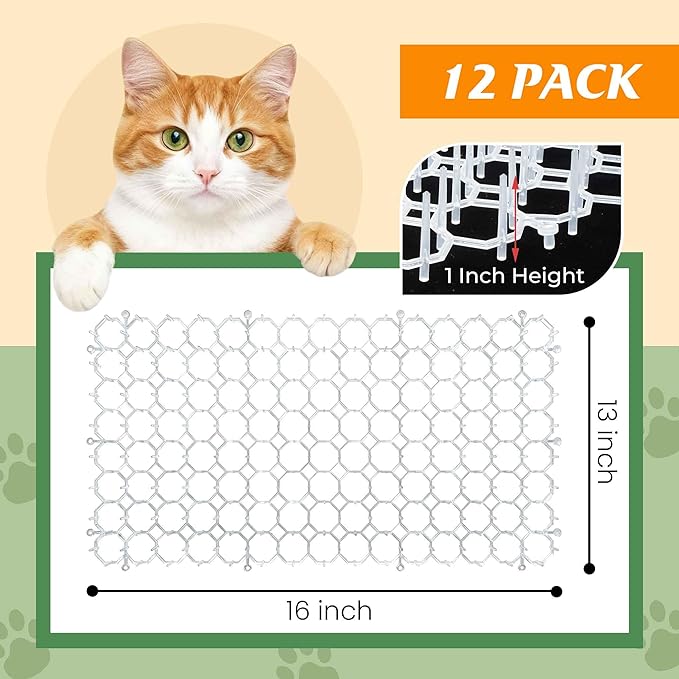 Clear Scat Mats for Cats 16 x 13 Inch, 12 Pack Transparent Cat Spike Mat with 1 Inch Spikes, Indoor Outdoor Cat Deterrent Mats to Keep Cats Off Couch, Bed, Counter & Garden