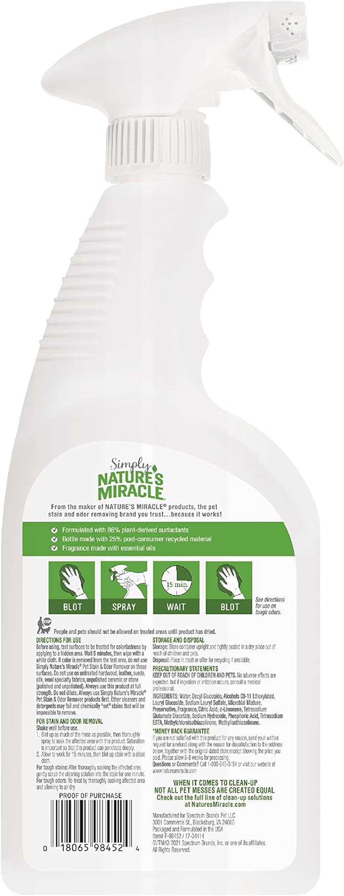 Nature's Miracle Simply Pet Stain and Odor Remover, 16 Ounce, Made with 86% Plant-Derived Surfactants