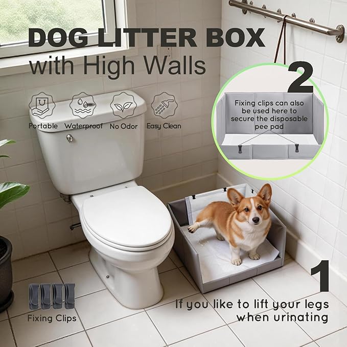 Dog Litter Box, Pee Pad Holder Foldable, 22''x 22'' Indoor Dog Potty Tray for Medium Dogs, High Walls, Seamless, No Assembly, Waterproof, Easy to Clean, No Spill,Portable for Travel