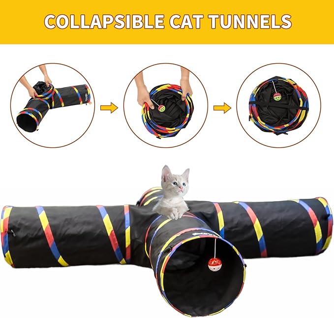 47" Long Cat Tunnels - 4 Way Cat Tunnel for Indoor Cats Play & Exploration - Collapsible Pop Up Tubes for Ferrets, Rabbits, and Small Dogs Fun, with Play Ball and Mouse Toy