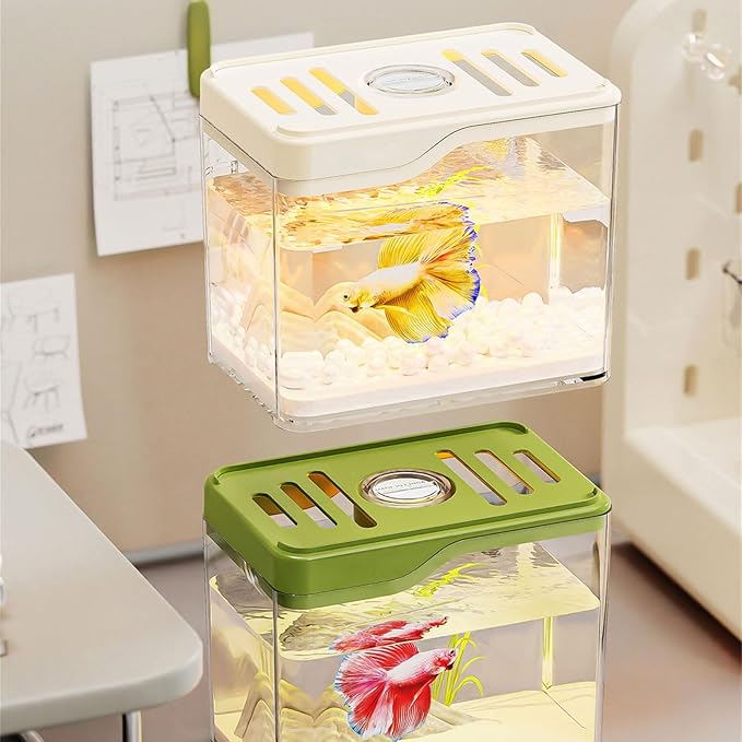 Small Fish Tank,Aquarium Breeding Box-Plastic Breeder Box for Fish Tank,Aquarium Starter Kit with LED Lighting for Baby Shrimp,Betta,Clownfish,Guppy,Lid Included(0.5 Gallons)