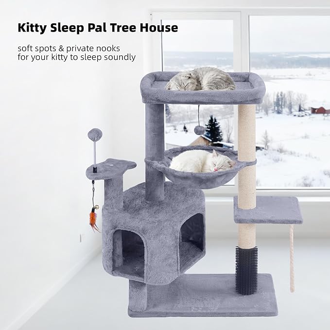 Cat Tree with Cat Condo and Hammock for Indoor Cats, Cat Tree with Self-Grooming Brush and Toy Balls,Cat Tower with Scratching Posts,Grey