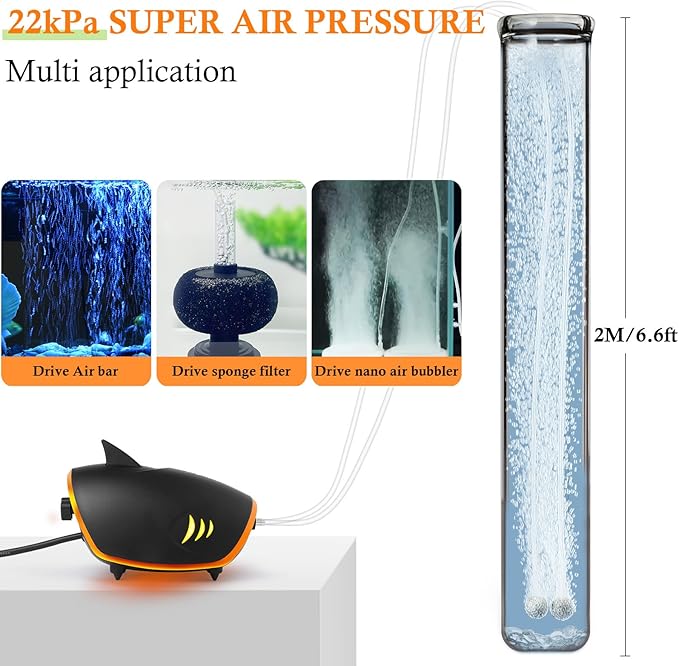 HITOP 4W 110GPH Powerful Aquarium Air Pump, Quiet 2-outlets Aquarium Aerator, Adjustable Fish Tank Air Pump with Accessories, for 20-200 Gallon Tank, with ON/Off Button and LED-Decor