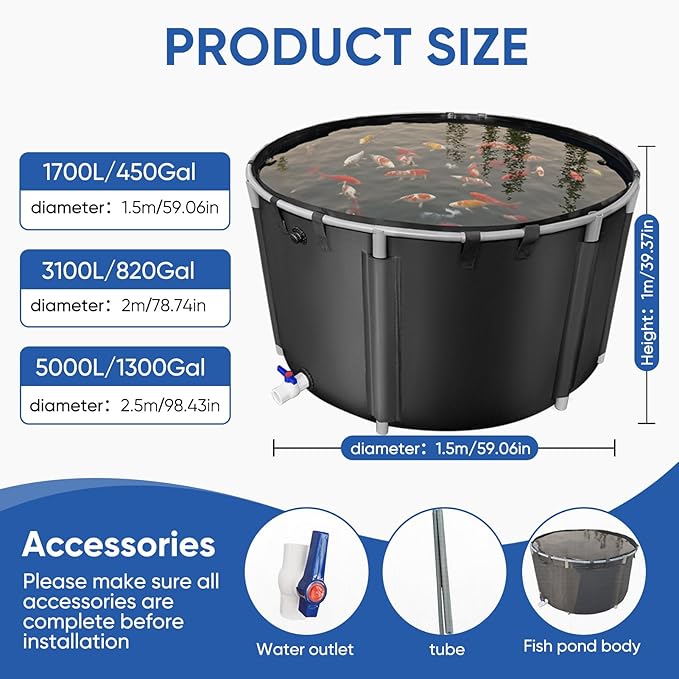 Canvas Fish Pond, 450 Gallon Capacity Koi Pond, Foldable PVC Outdoor Fish Tank, Round Goldfish Bowl, Above Ground Pond with Stabilizing Frame and Drain Valve for Koi Farming, Aquaculture