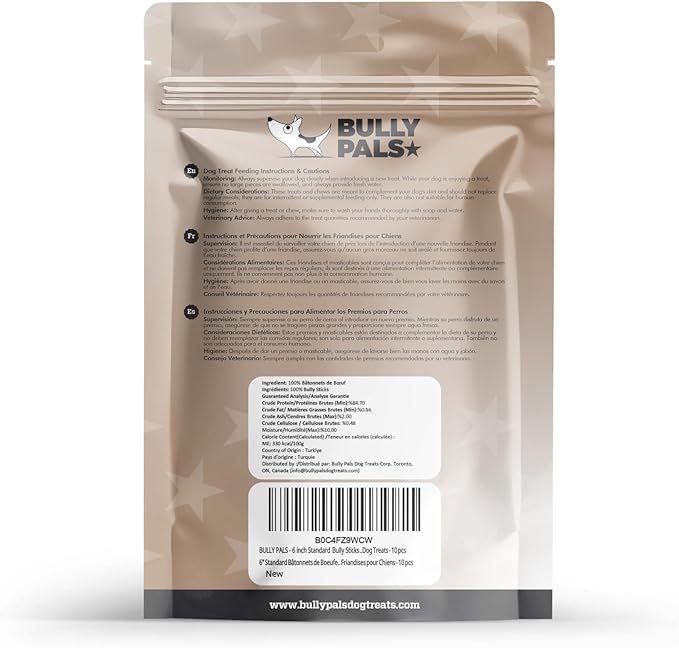 6" Standard Bully Sticks for Small to Medium Dogs - 10 Pack - Long Lasting, All Natural, Single Ingredient, Easily Digestible, Beef Dog Treats and Rawhide Free Dental Chews for Dogs