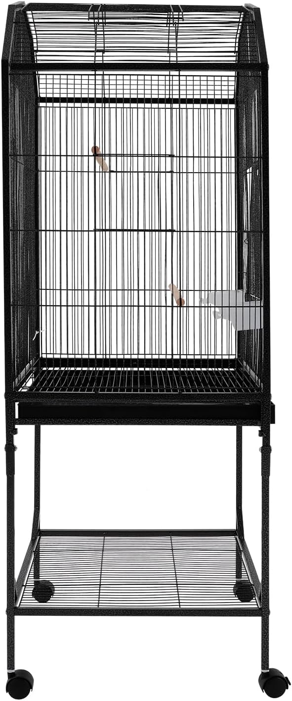 Large 46" Rolling Bird Cage for Mid-Sized Parrots with Detachable Stand, 4 Universal Wheels & Removable Tray, Iron Birdcage for Cockatiels, Parakeets, Finches (Black)