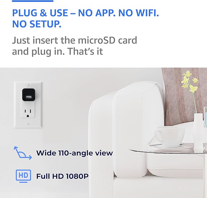 Plug-in Indoor Camera – Premium Full HD 1080P, 110° Wide View, Motion Detection – No WiFi Needed – Continuous Recording via microSD – Simple Plug-and-Go Setup for Home, Nanny & Pet Monitoring