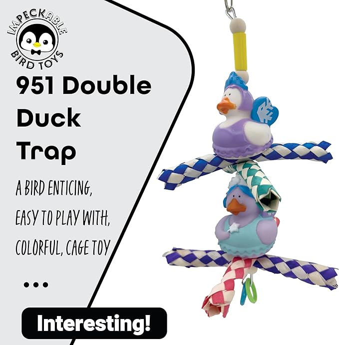 951 Double Duck Trap Bird Toy 9" - Handmade Foraging Bamboo Finger Traps & Rubber Ducks - Shredding & Chewing Cage Accessory for Conure, Parakeet, Lovebird & Cockatiel - Interactive Enrichment