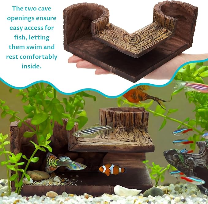 2 Pcs Aquarium Underground Tunnel Cave Wood Like, 5.1 x 2 x 2.7 Inch Fish Hideout for Aquarium, Decoration for Guppy, Corydoras Catfish, Loaches, Corydora Catfish Bettas Pleco and Shrimps