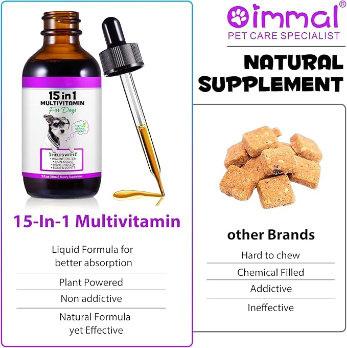 Dog Multivitamin Liquid Drops - 15 in 1 with Glucosamine, MSM & Cranberry, Supports Joint, Skin & Coat, Immune, Heart & Urinary Health, 2 fl oz
