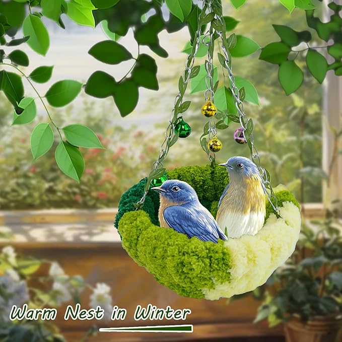 Bird Nest with Bell for Cage,Plush Hanging Bird Bed for Parakeet Indoor & Outdoor,Breeding Bird House for Conure,Budgie,Cockatiel,Lovebird,Canary,Finch,Hamster,Small Pets,Warm Nest,Green L