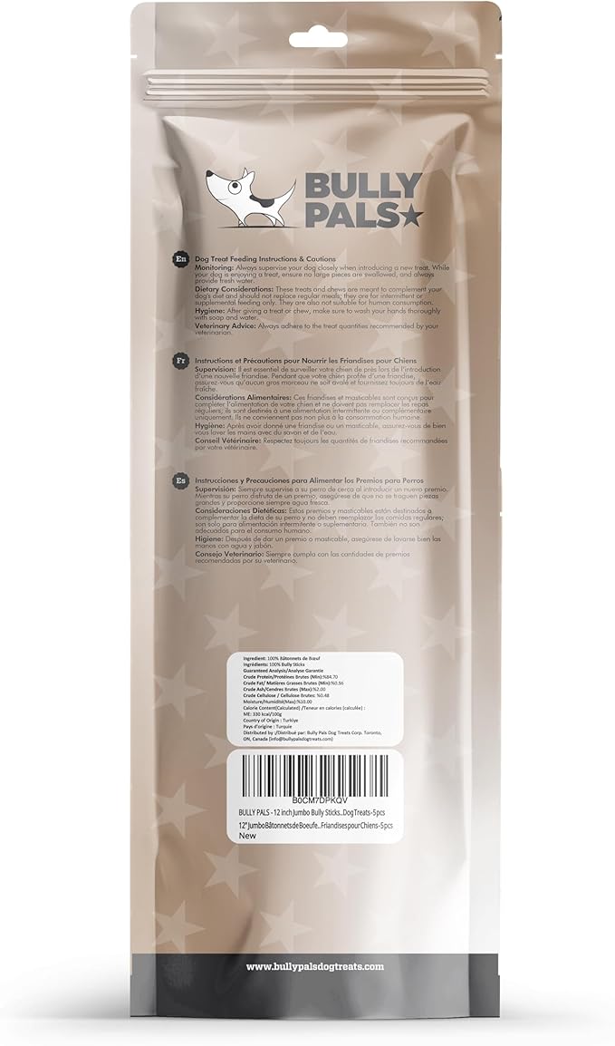 12 inch Jumbo Bully Sticks for Medium to Large Dogs - 5 Pack - Extra Thick Dental Chews for Dogs, Long Lasting, All Natural, Single Ingredient, Easily Digestible, Rawhide Free Dog Treats