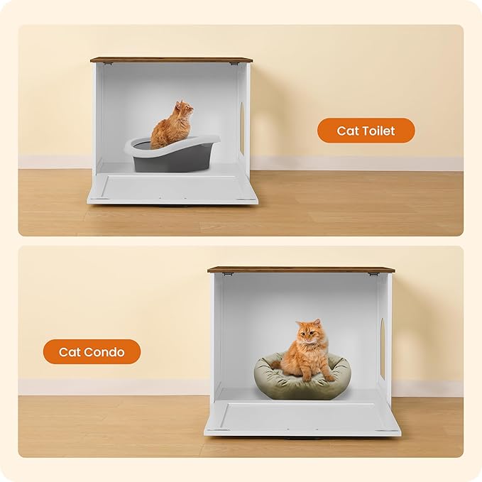 Dwanton Cat Litter Box Furniture Hidden, Cat Litter Box Enclosure, Reversible Entrance Can Be on Left or Right Side, Indoor Cabinet, Wooden Washroom, Nightstand, White and Warm Brown, 27.6" L