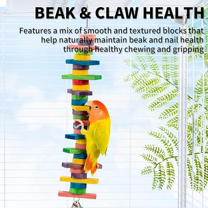 2 PCS 14.37" Multicolored Bird Toys - Stress Relief Chew Parrot Toys, Natural Wooden Blocks, Hanging Bird Cage Accessories, for Parakeets Cockatiels Conures Budgies African Grey Macaws Amazon Parrots