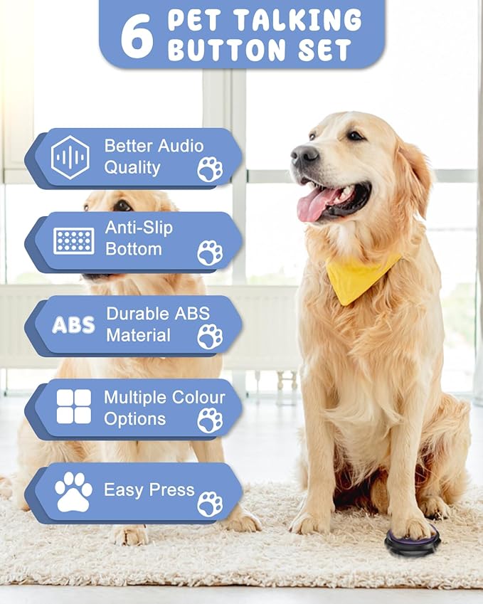 6 Piece Dog Talk Buttons, Dog Buttons for Communication with Non-Slip Mat, 30s Recordable Voice Commands To Train Pet, Dog Talking Buttons Starter Set with 48 Scene Stickers Suitable for Easy Training