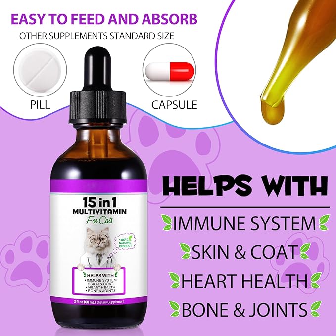 Cat Multivitamin Drops - 15 in 1 Vitamin Supplement for Immune Support, Heart, Bones, Joint, Skin & Coat Health, Bacon Flavor Vitamins for Senior Cats & Kittens (1 Pack, for cat)