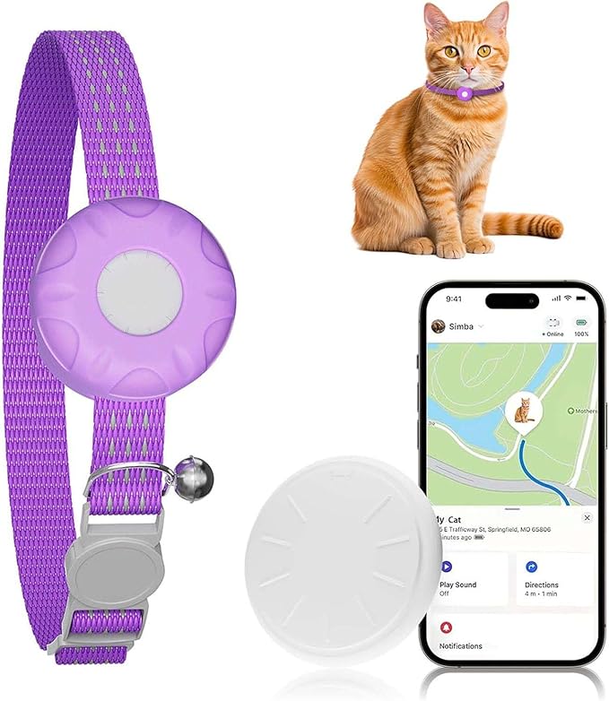 Cat Tracker, MINI Pet Tracker for Cats, No Monthly Fee, Waterproof Cat GPS Tracker, Compatible with Apple Find My App(Only iOS), Real-Time Tracking, Precise Positioning, Smart Alerts