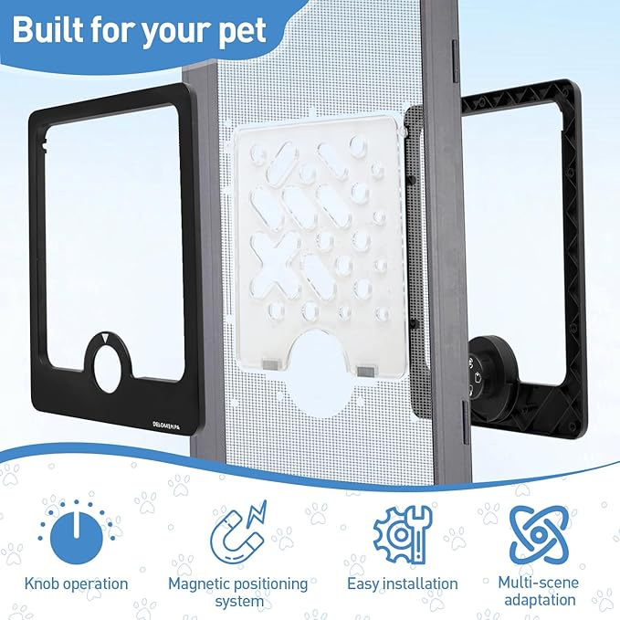 4-Way Locking Cat Door for Thin Materials - Adjustable Pet Door Flap fits Screens, Boxes & Carriers, 8x12 Inch Small Door for Crates, Litter Box Enclosures & DIY Pet Rooms (Same)