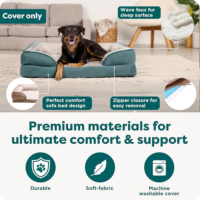 FurHaven Dog Bed Cover Replacement, Sofa-Style Design with Soft, Breathable Fabric for Cozy Comfort, Machine Washable, Jumbo XL, Plush & Velvet Waves, Celadon Green