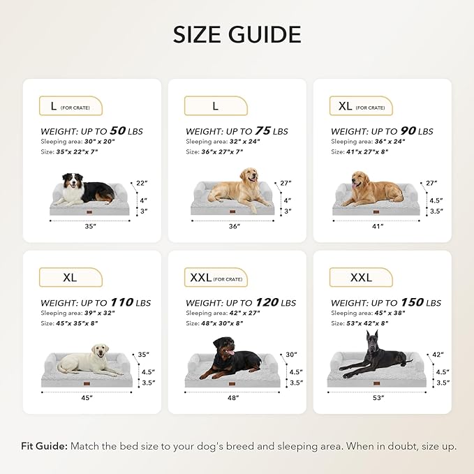Orthopedic Dog Beds for Extra Large Dogs, Waterproof Egg Crate Foam XL Dog Bed with Sides 41x27Inch, Washable Big Dogs Couch Beds with Removable Cover and Nonskid Bottom, Grey White