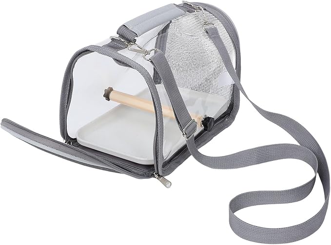 Kisangel Portable Parrot Travel Cage Carrier with Wooden Perch, Small Grey Lightweight Bird Carrier for Small Birds, Conures, and Lizards, Compact Pet Bird Travel Case for Outdoor