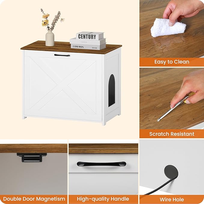 Dwanton Cat Litter Box Furniture Hidden, Cat Litter Box Enclosure, Reversible Entrance Can Be on Left or Right Side, Indoor Cabinet, Wooden Washroom, Nightstand, White and Warm Brown, 27.6" L