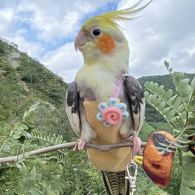 WAYUTO Pet Bird Diapers Cute Sun Flower Parrot Flight Suit with Elastic Strap Harness Equippable Washable Liners Cockatiel Clothes Nappy Light Weight Warm for Small Birds Cosplay Photo Prop