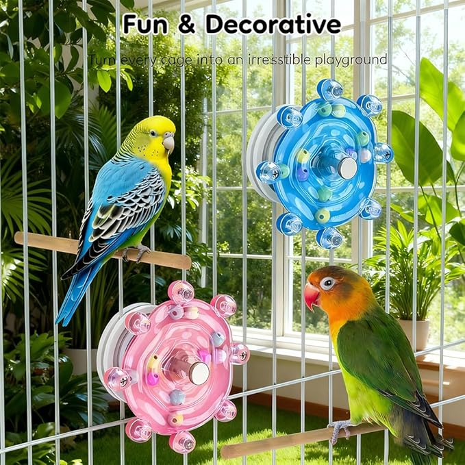 Bird Cage Spinning Toy for Parakeets & Cockatiels, 2 Pack Interactive Spinner Rattle Bird Toys, Cage Mounted Chew Toy for Canary Lovebirds Finches Small Birds Cage Accessories