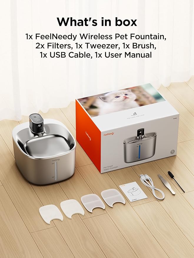 FEELNEEDY Wireless Cat Water Fountain Stainless Steel with Sensor, 4000mAh Battery Operated, 4L/135fl oz Pet Water Fountain for Cats Dogs, Ultra Quiet Cat Drinking Fountain with 2 Filters (YPD-C004S)