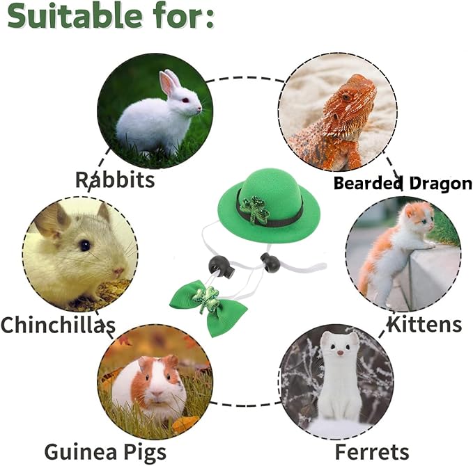 Guinea Pig Saint Patrick's Day Hat Bow Tie Set Small Animal Irish Green Top Hat with Shamrock Décor St.Patrick's Day Costume Accessories for Rabbit Bunny Ferret Bearded Dragon Puppy Kitten