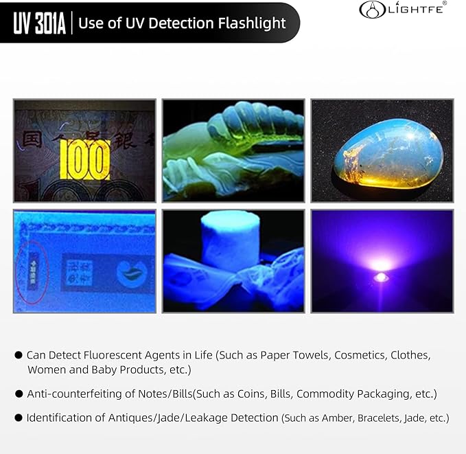 LIGHTFE Black Light UV301-395nm UV Light AA batery Blacklight uv Torch for UV Glue Curing, Rock and Mineral Identification, Fluorescent Agents, Pet Urine, Stain Detection, AC Leakage Detection.