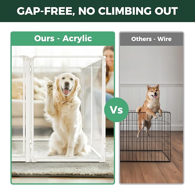 FXW AuraSpace Pro Metal & Acrylic Indoor Dog Playpen, All-Acrylic Clear Heavy-Duty Design, 40" Height 8 Panels for Medium and Large Dogs, White│Patented