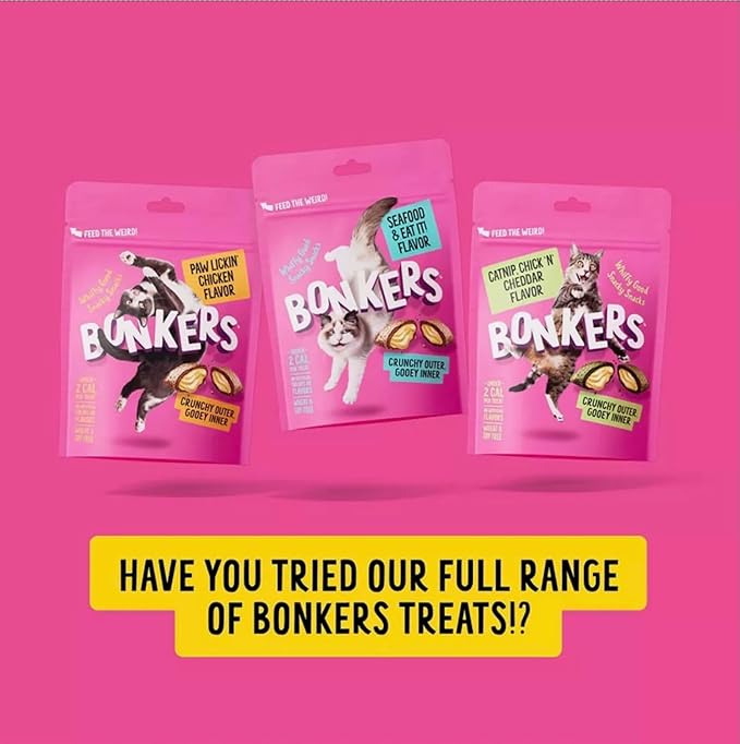 Bonkers Cat Bites, Crunchy & Soft, 3 Oz Resealable Bag, 3 Pack - 1 Paw Lickin' Chicken, 1 Catnip Chick N' Cheddar, and 1 Seafood & Eat It! Flavor, Plus 4 Cat Spring Toys
