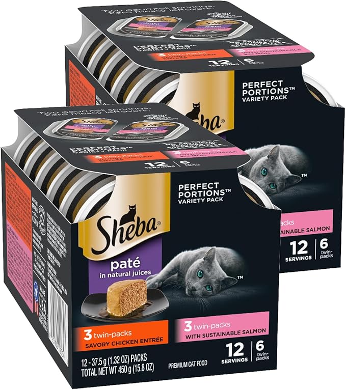 Sheba Perfect Portions Wet Cat Food Pate, Chicken Entree and with Sustainable Salmon Entree, Cat Food Wet Recipe Variety Pack, 2.6 oz. Twin-Pack Trays (6 Count, 12 Servings) (Pack of 2)