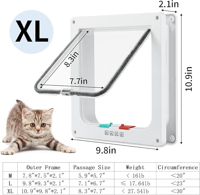 Cat Door for Interior Exterior Door (Outer Size 10.9" x 9.8"), 4-Way Locking Flap for Cats & Dogs(Circumference < 30"), Weatherproof Pet Door, White, ABS Material (XL)