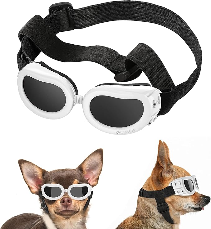Lewondr Small Breed Dog Goggles - UV Protection Sunglasses with Adjustable Strap, Windproof, Anti-Fog for Small Dogs, White
