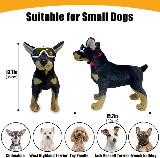 Dog Goggles Small Breed Dog Sunglasses with Adjustable for UV Protection Eyewear Doggy Doggie Puppy Glasses Anti-Fog Wind Dust Snowproof (White Frame Red Lens)