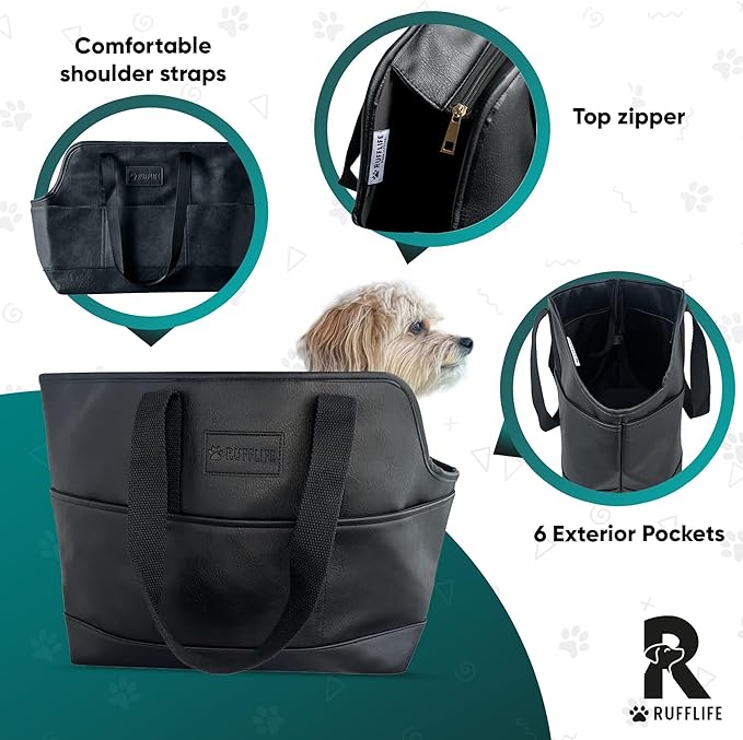 Faux Leather Dog Carrier for Small Dogs, Water-Resistant Designer Dog Purse with Safety Harness, Fashion Pet Carrier for Dogs 5-15 lbs, Luxury Dog Shoulder Carrier, Black