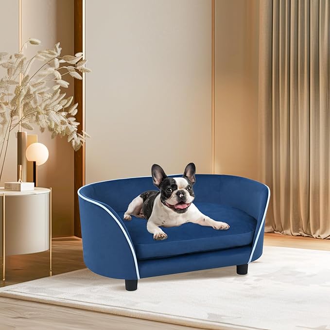 27'' Pet Sofa Bed for Small Dogs and Cats with Soft Cushion, Removable Cover, Anti-Slip Pads, Blue