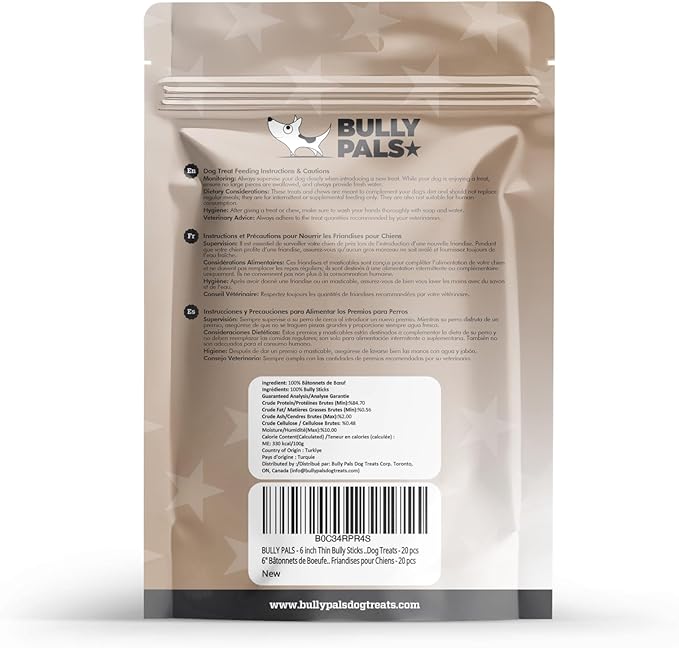 6 inch Thin Bully Sticks for Small Dogs and Puppies - 20 Pack - All Natural, Single Ingredient, Easily Digestible, All Beef Dog Treats and Rawhide Free Dental Chew Bones for Dogs