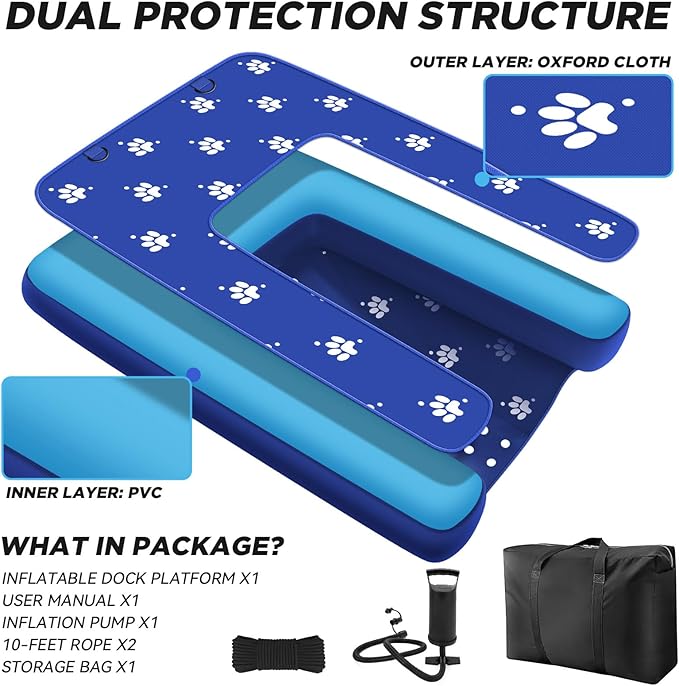 Inflatable Dock Platform, Dog Boat Ramp Floating Non-Slip Oxford and PVC with Water Ramp for Dogs Pool, Dock, Lake,Boat, with Traction Rope, Inflation Pump Blue (4.6ft x 3ft x 6in) Dark Blue