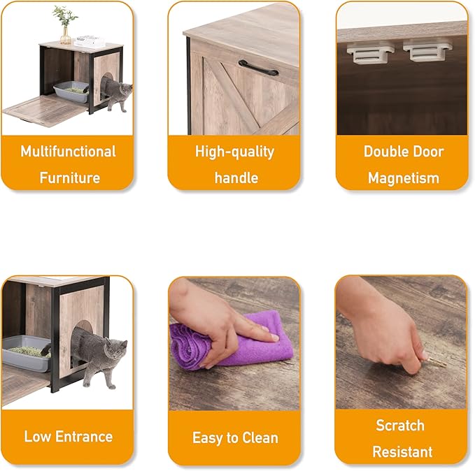Dwanton Cat Litter Box Furniture Hidden, Cat Litter Box Enclosure, Reversible Entrance Can Be on Left or Right Side, Indoor Cabinet, Wooden Washroom, End Table, Nightstand, Greige, 23.6" L