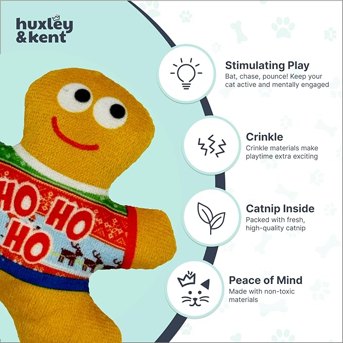 Huxley & Kent Plush Cat Toy - Holiday Interactive Catnip Toy for Cats & Kittens - Soft with Crinkle & Catnip - Fun Indoor Play - Ugly Sweater G-Man