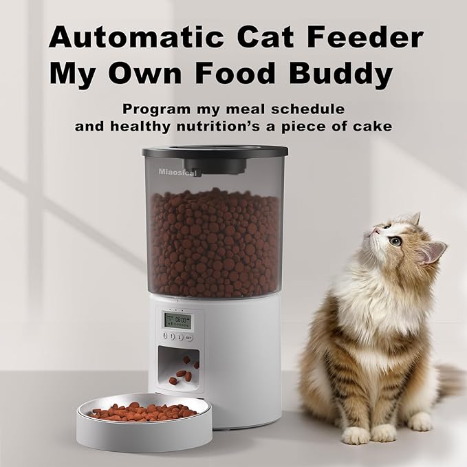 Automatic Cat Feeder for 2 Cats,6 Meals/Day,Dual Power,Dry Pet Food Autofeeder Portion Control,Timer Setting,10S Voice Record (Transparent White, 4.2L-Stainless Steel 2 Bowls)