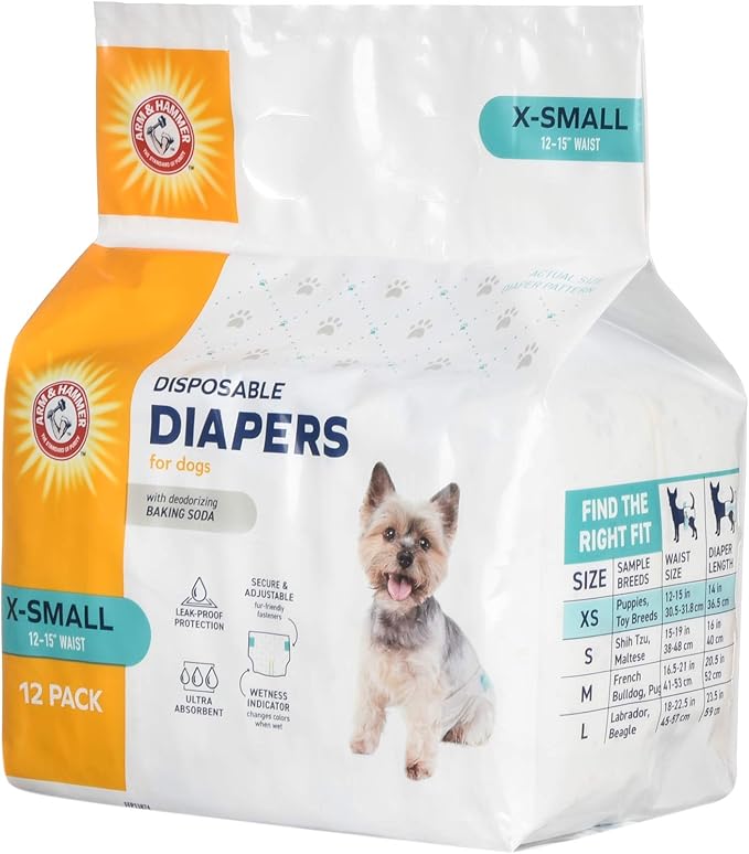 Arm & Hammer For Pets for Pets Female Dog Diapers, Size X-Small | Ultra-Absorbent, Adjustable Girl Dog Diapers with Leak-Proof Protection and Wetness Indicator (Pack of 1,12 Count Total)