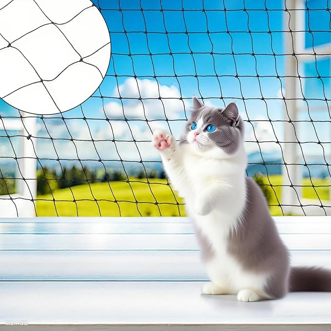 Pet Safety Net for Balcony, 3x6M Heavy Duty Nylon Mesh Cat Protection Netting, Cuttable Safety Net with Zip Ties, Rope & Screws, Anti-Fall Fence Net for Window, Stairs, Balcony, Indoor Outdoor Use